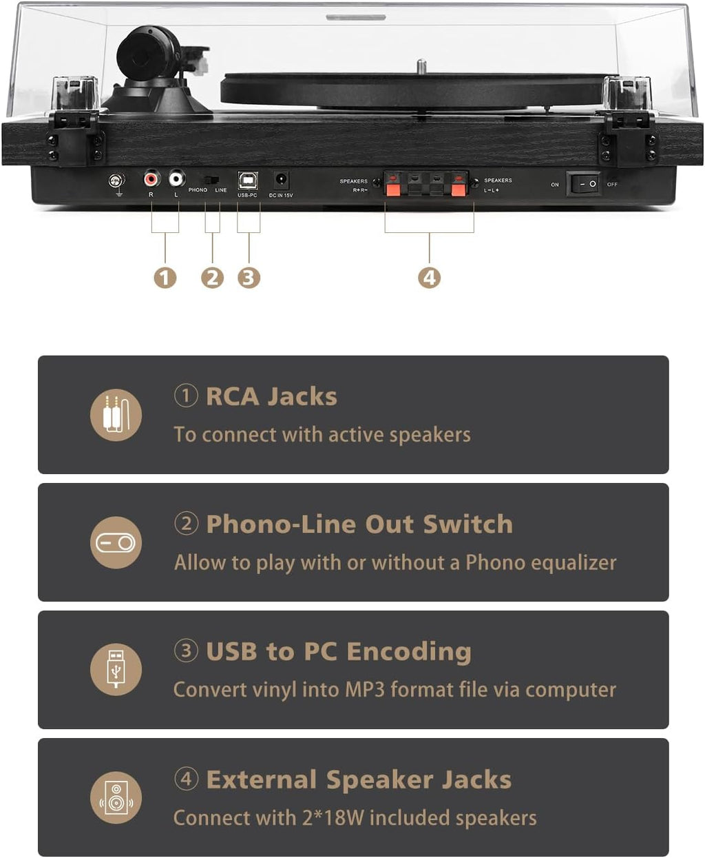 Record Player Vinyl Bluetooth Turntable with 36 Watt Stereo Bookshelf Speakers, Hi-Fi System with Magnetic Cartridge, USB Recording and Auto Stop