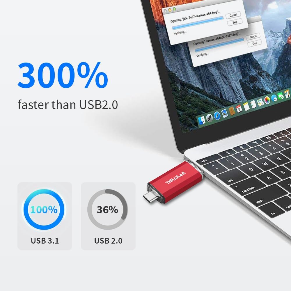 Thkailar USB C Flash Drive 256GB,USB Flash Drive with Type C and Type A 3.1 Port Compatible with Android Phone,MacBook Pro,PC(Red)