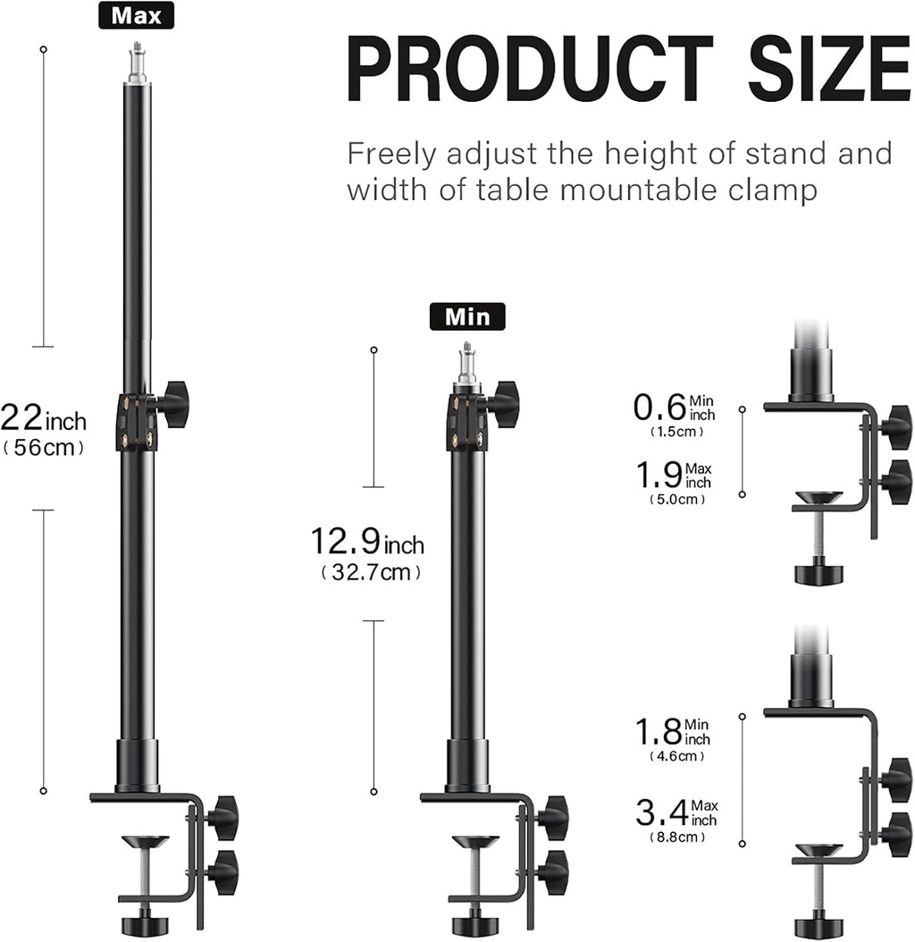 2-Pack Camera Desk Mount Stand with 1/4" Ball Head and Cold Shoe Mount Adapter,12.9-22" Tabletop Mounts Stand, Adjustable Aluminum Desktop Light Stand, for DSLR Camera, Ring Light, Video Light