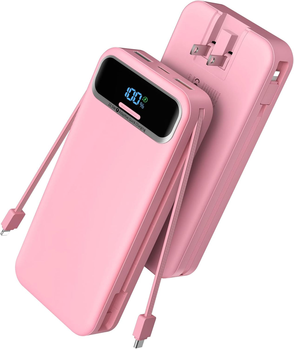 Portable Charger Power Bank with Built in Cables and AC Wall Plug,PD20W&SCP22.5W USB-C Super Fast Charging,20000mAh Travel Phone Charging,LED Display Battery Pack Compatible All iPhone Samsung etc
