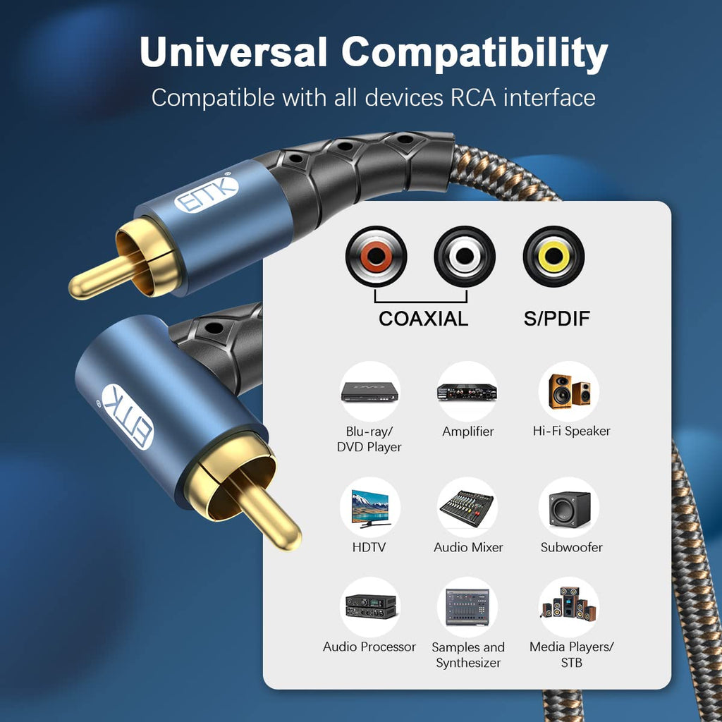 EMK RCA Subwoofer Cable 90 Degree RCA to RCA Audio Cable 24K Gold-Plated Nylon Braided Double Shielded Digital Analogue Supports Amplifiers,Home Theater,Hi-Fi Systems,Subwoofer(15ft/5m)