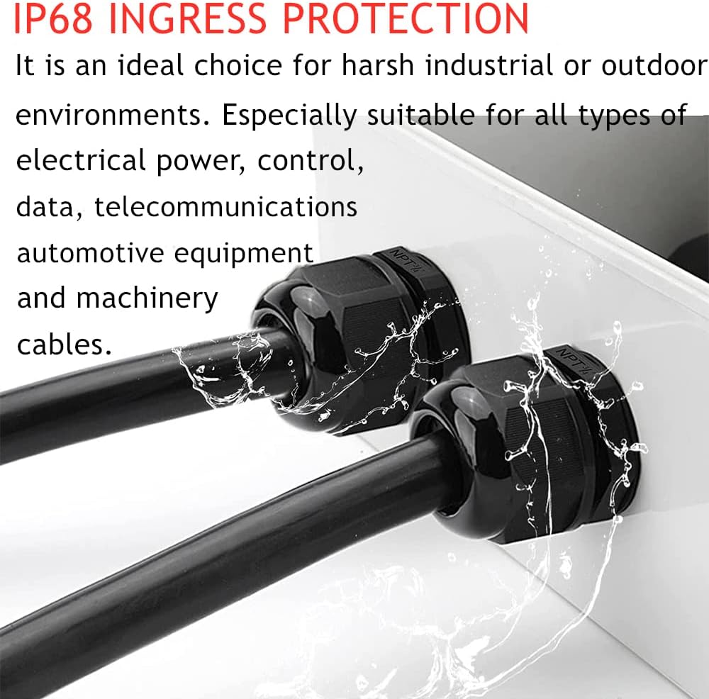PENGLIN Cable Glands NPT Nylon Cable Connector, Strain Relief Cord Connector, IP68 Waterproof Adjustable Locknut(1/4" 1/2" 3/4" 1" Glands Combo(16-Pack))