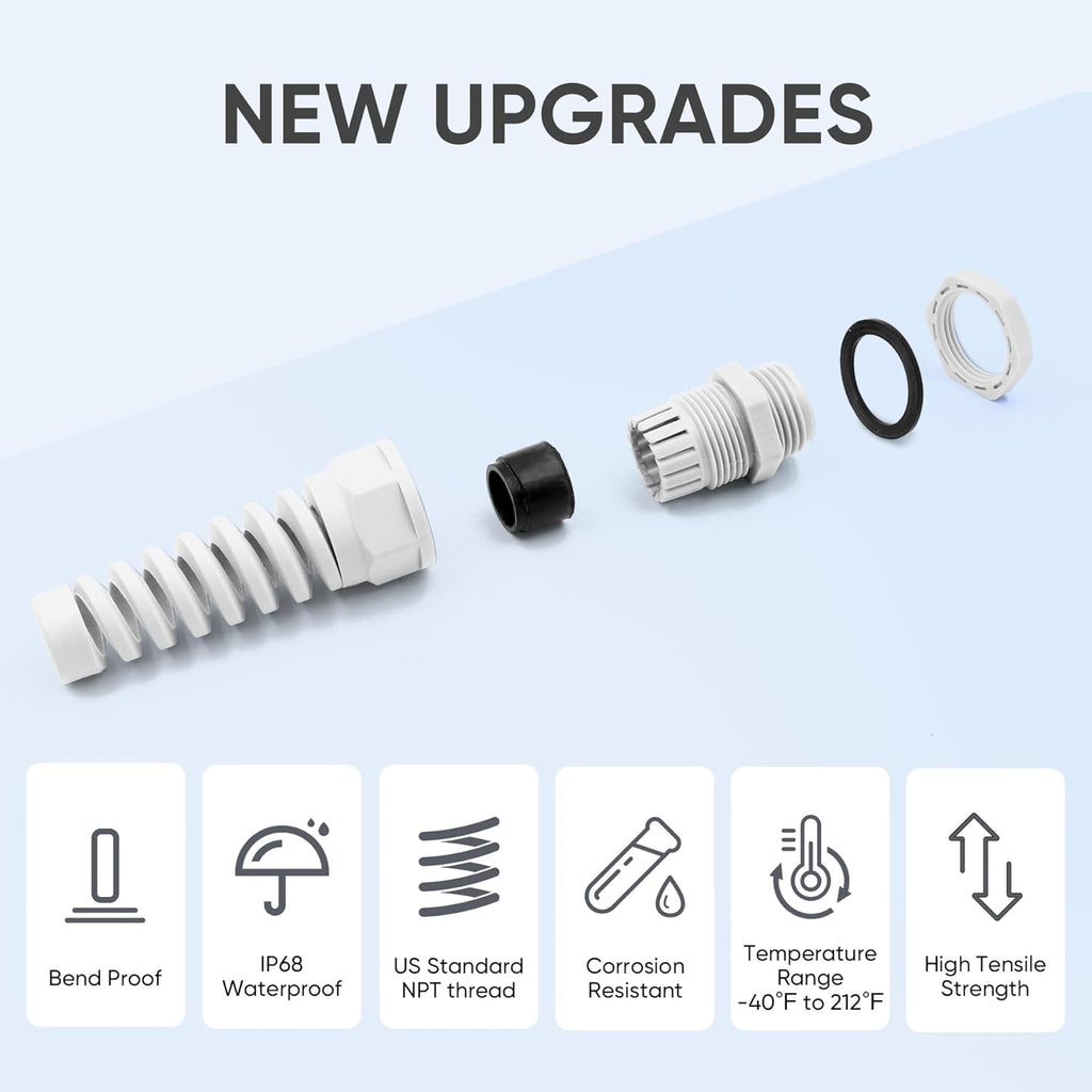 Strain Relief Cord Connector,LISTENJIALE 2Pcs NPT 3/8" Waterproof Cable Gland Flex Spiral Strain Relief Adjustable 5-10mm Cable Connector Nylon Joint with Gaskets(Grey)