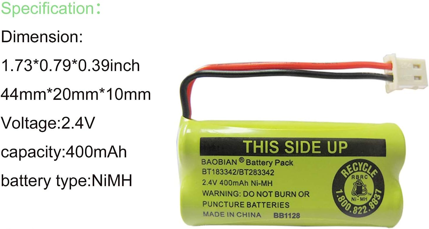 2.4V 400mAh Cordless Home Phone Battery Compatible with AT&T BT162342 BT-162342 BT166342 BT-166342 BT266342 BT-266342 BT183342 BT-183342 BT283342 BT-283342 VTech CS6329 CS6114 CS6419(4 Pack)