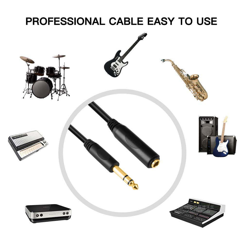 Devinal 6.35mm 1/4" inch TRS Plug Male to 1/4 Female Headphone Guitar Extension Cable Cord, Gold Plated Audio Cable Stereo Extender, 10 feet (3 M)