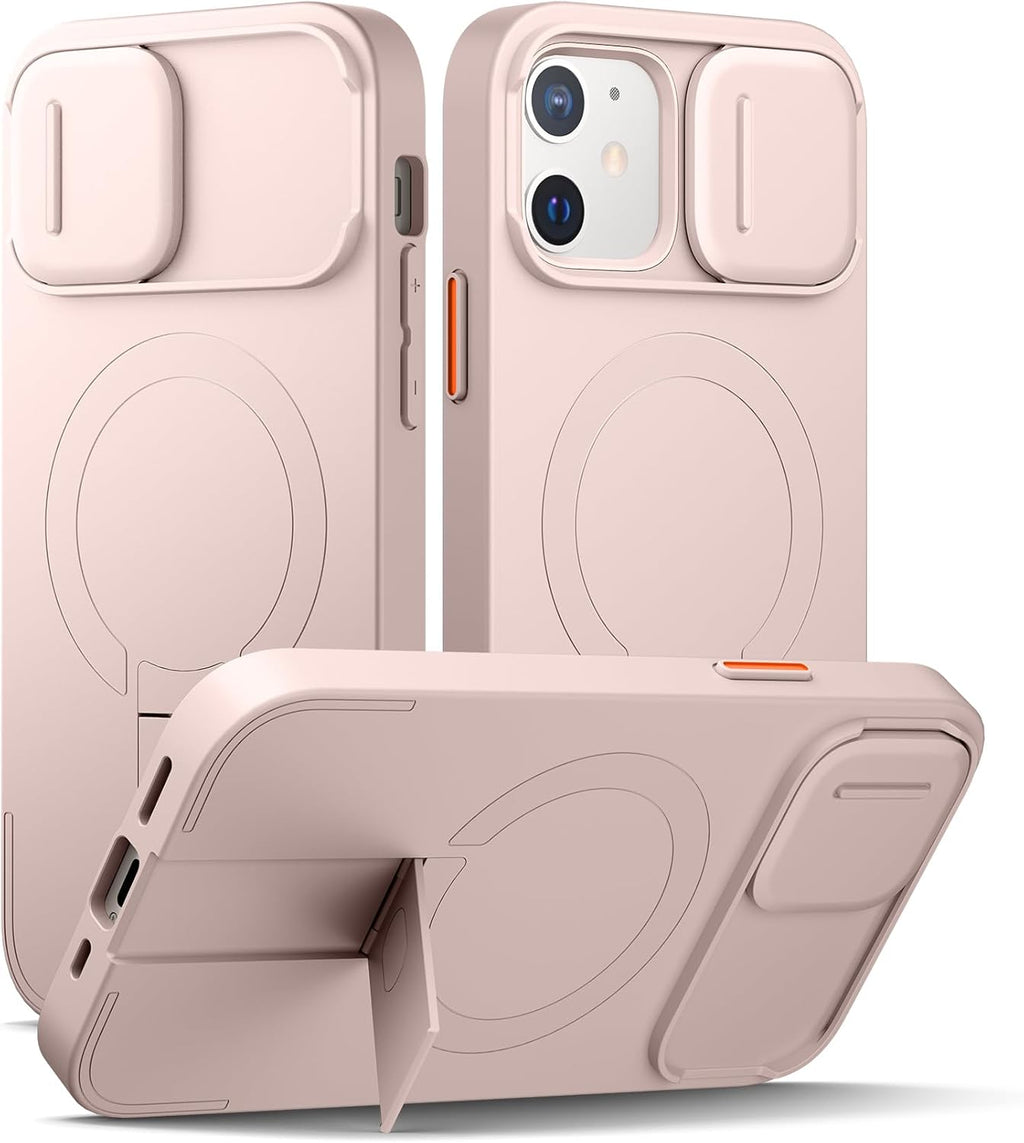 SURITCH for iPhone 12/12 Pro Case with Magnetic Camera Slide Cover and Adjustable Kickstand, Compatible with MagSafe, Shockproof Bumper Case Slim Protective Cover for iPhone 12/12 Pro 6.1 Inch, Pink
