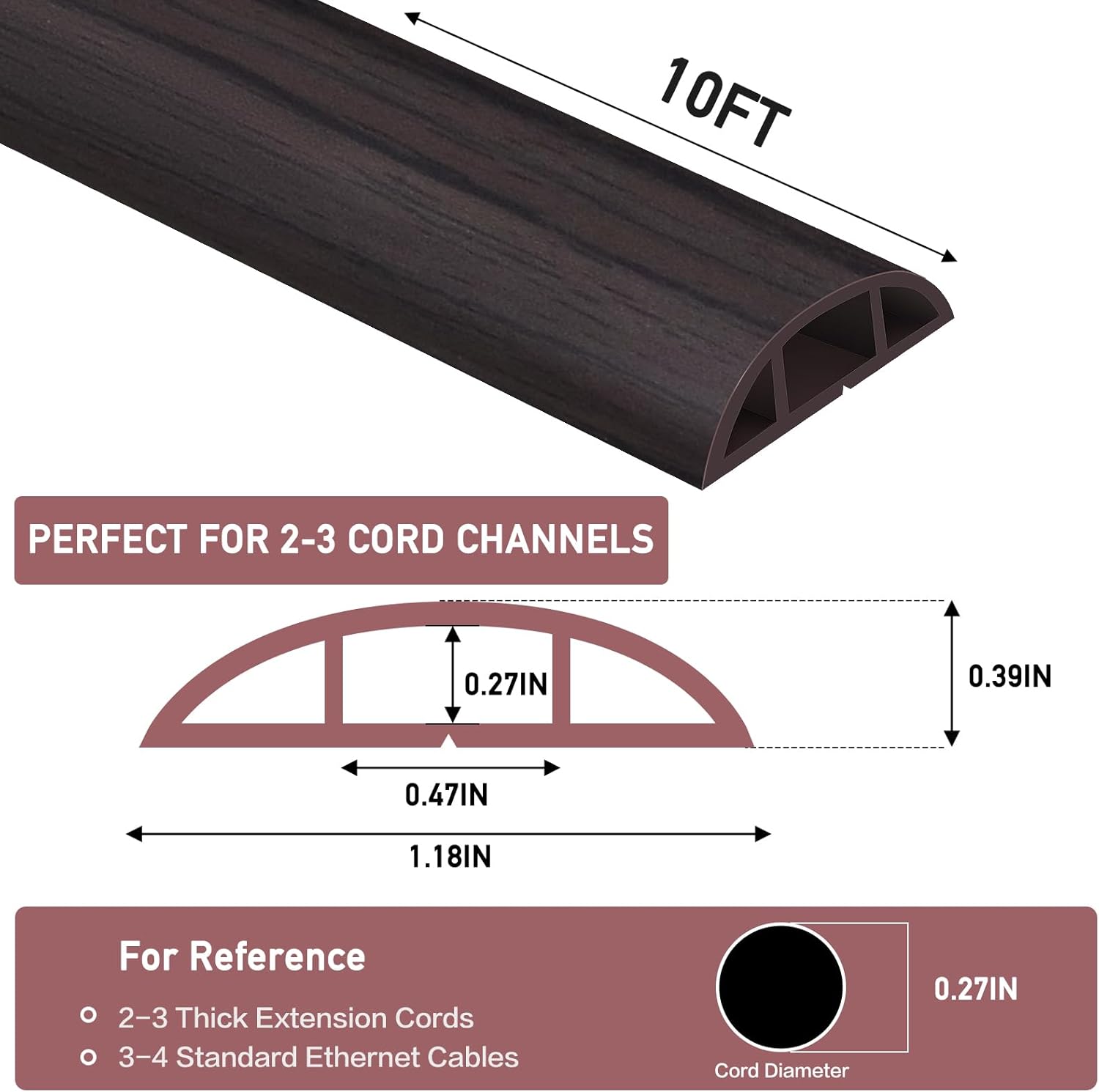 Floor Cord Cover Self Adhesive Cord Hider Floor Extension Cord Covers for Floor Power Cord Protector Cable Management Prevent Cable Trips Cable Cavity 0.47" W x 0.27" H (Dark Walnut, 10Ft)