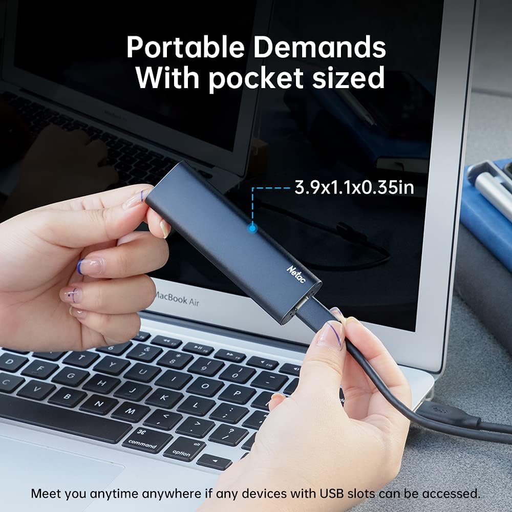Netac 1TB Portable SSD USB 3.2 Gen 2 (10 Gbps, Type-C) External Solid State Drive Backup Slim Portable Drive for File Storage/Business Travel Essential, Rapid Read & Write Low Noise, Zslim