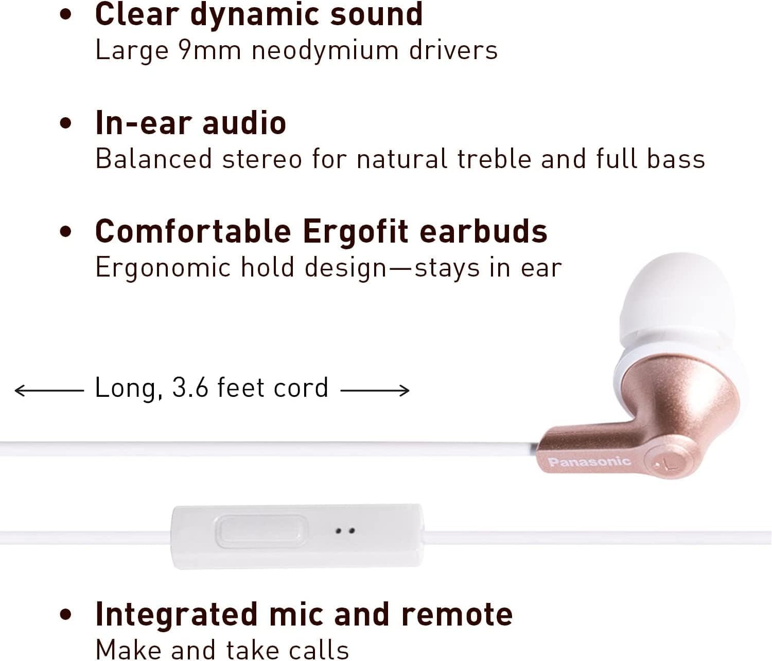 Panasonic ErgoFit Wired Earbuds With Microphone, 3.5mm Jack Headphones with Mic and Call Controller, Ergonomic Custom-Fit Earpieces (S/M/L), for Phones and Laptops - RP-TCM125-N (Rose Gold)