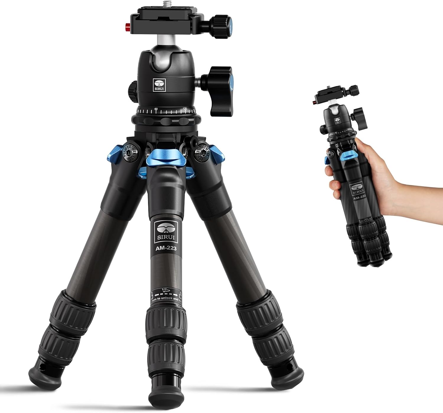 SIRUI Carbon Fiber Travel Tripod with 360° B-00K Arca-Swiss Ballhead, Mini Desktop Tripod for Mirrorless Cameras, Folded Height 12.1", Max Height 16.6″