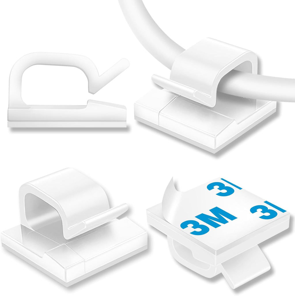 100Pcs Cable Clips, Adhesive Cable Organizer Cord Holder Wire Clip Wire Management Self Adhesive Hooks Wire Holder for Office, Home(White, 100PCS)