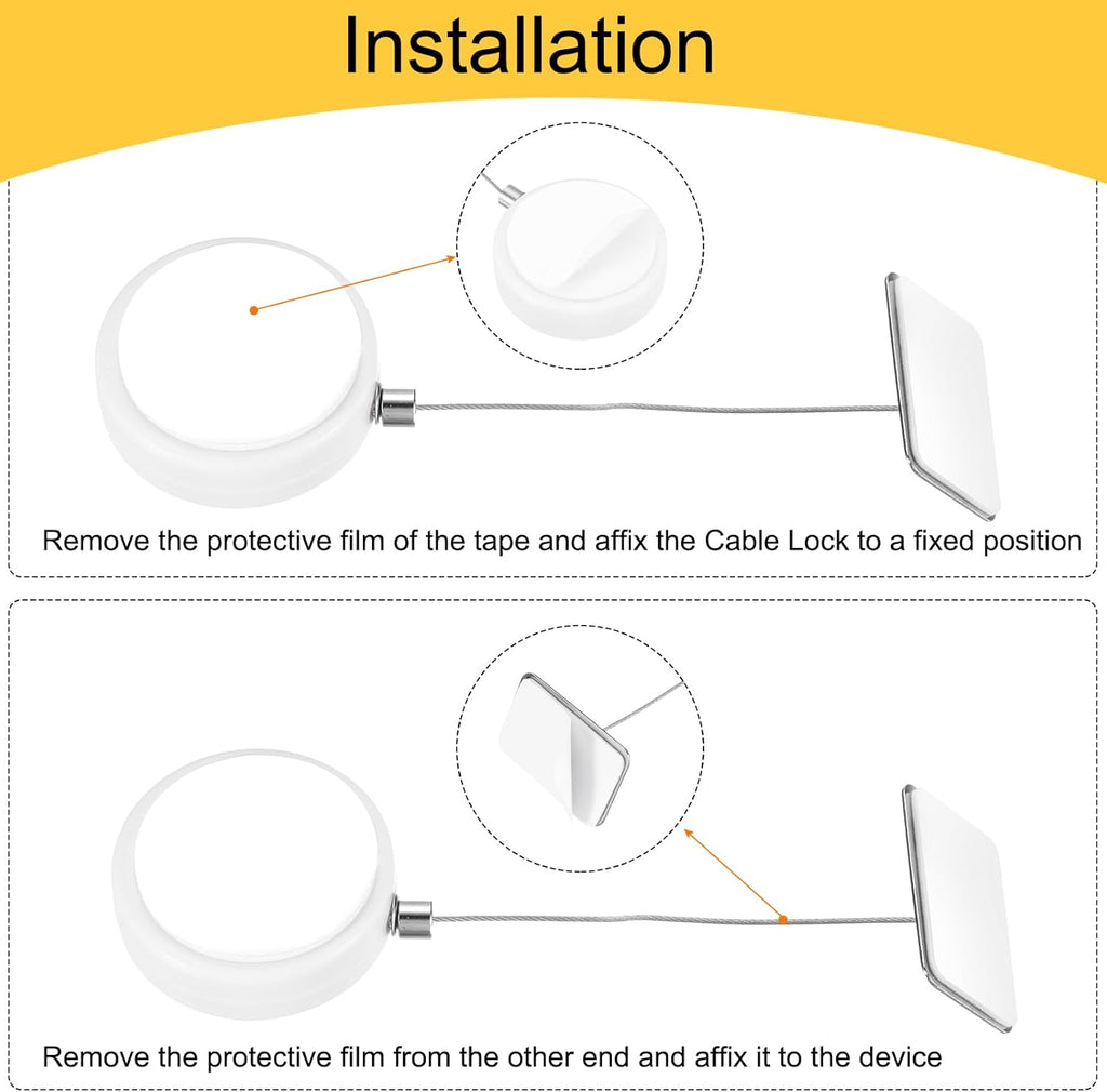 MECCANIXITY 3.3ft Retractable Cable Lock with Square Patch Remote Control Security Lock with Adjustable Cord Tether Anti Theft for Laptop, TV, 150 G, White, 4 Pack