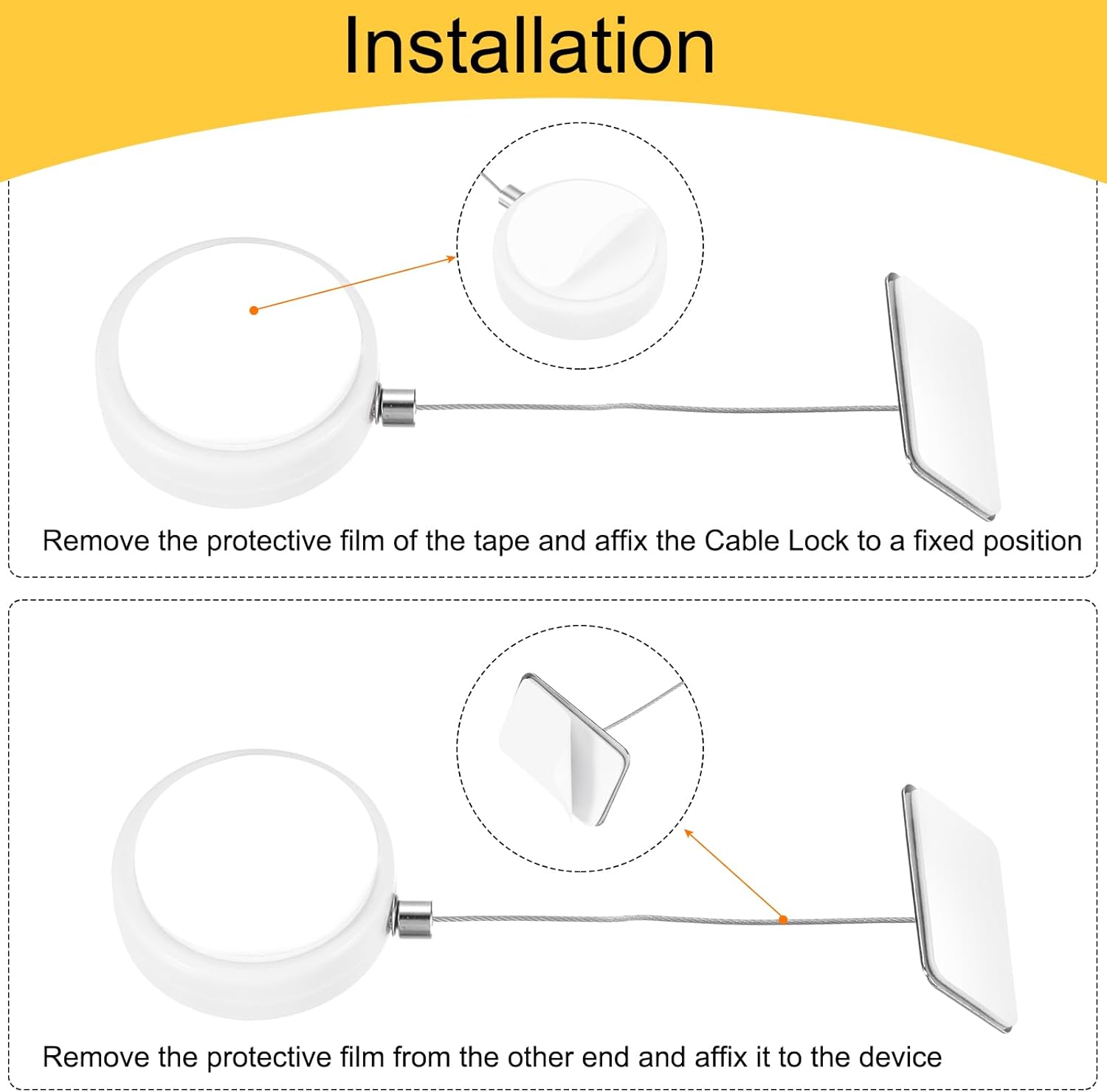 MECCANIXITY 3.3ft Retractable Cable Lock with Square Patch Remote Control Security Lock with Adjustable Cord Tether Anti Theft for Laptop, TV, 150 G, White, 4 Pack