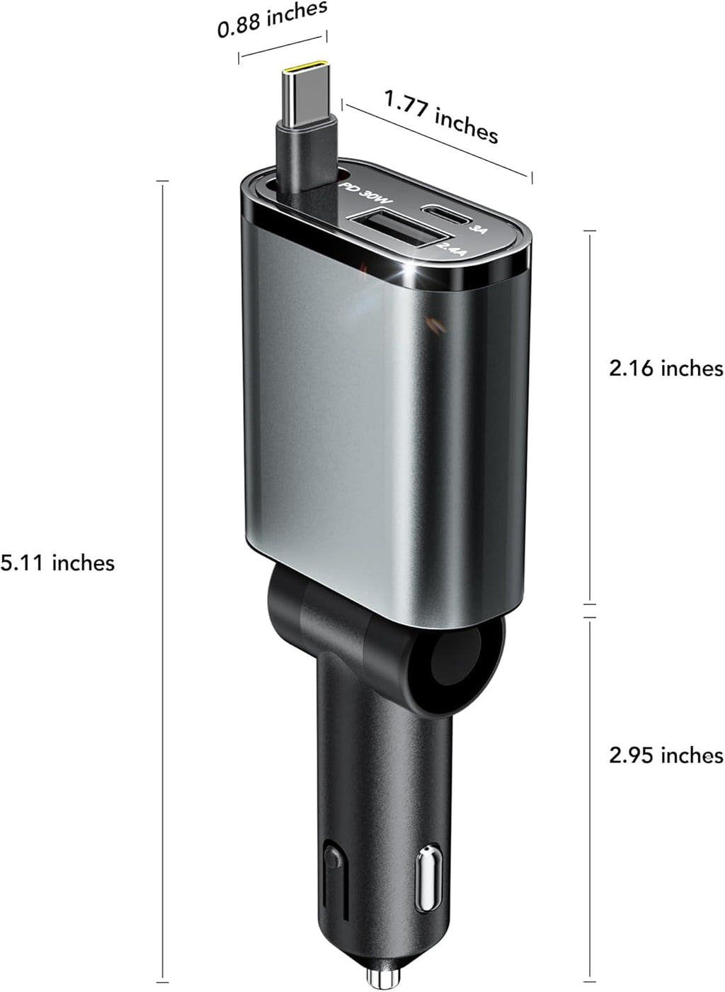 Retractable Car Charger, 3 in 1 Fast Car Phone Charger 50W, 1 TypeC Retractable Cables and USB Port, Compatible with iPhone 16/15/14/13/12/11,Galaxy,Pixel