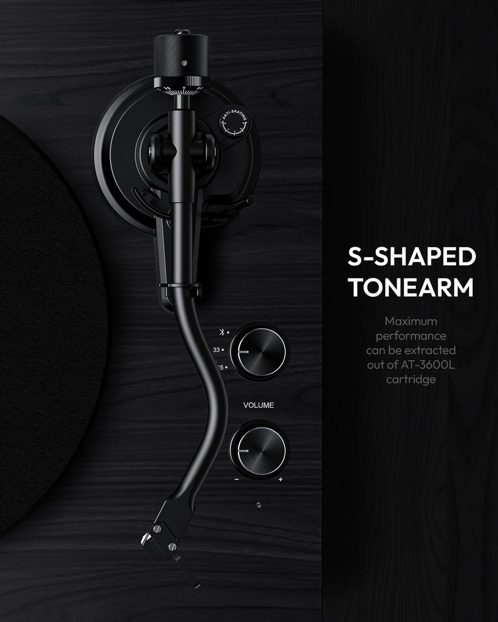 SoulBox S1 Vinyl Record Player with Stereo Speakers, Turntable with Built-in Preamp, S-Shaped Tonearm, 33/45 RPM - Black