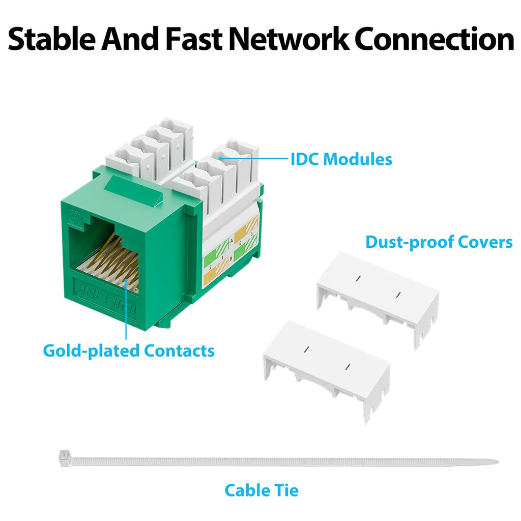 Iwillink Cat6 Keystone Jack and Punch-Down Stand, 50-Pack, RJ45 Ethernet Jack, 90-Degree UTP Modular Punch Down Adapter, Green
