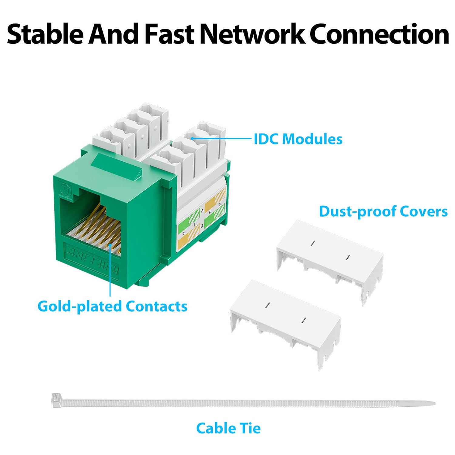 Iwillink Cat6 Keystone Jack and Punch-Down Stand, 50-Pack, RJ45 Ethernet Jack, 90-Degree UTP Modular Punch Down Adapter, Green