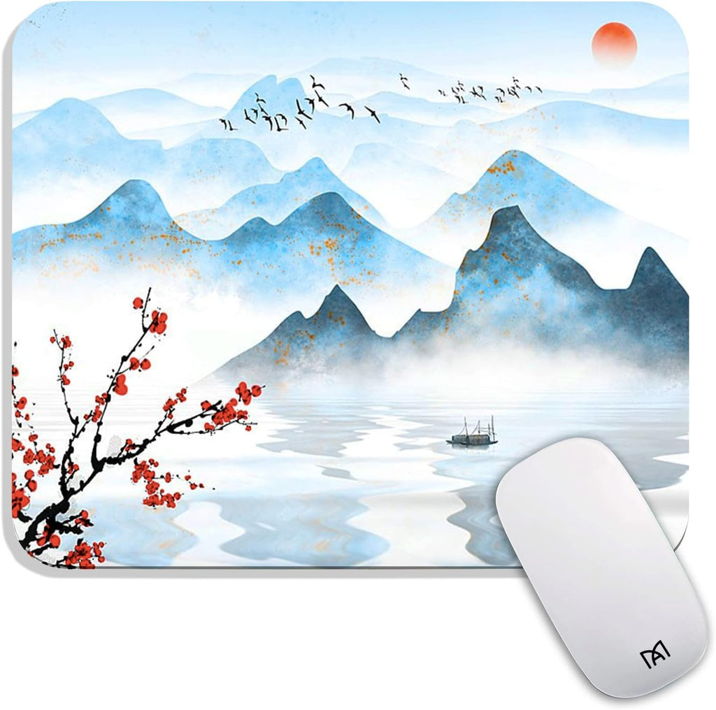 Square Mouse Pad Ink Painting Landscape, Personalized Premium-Textured Custom Mouse Mat Design, Washable Mousepad Cloth, Non-Slip Rubber Base Computer Mouse Pads for Wireless Mouse