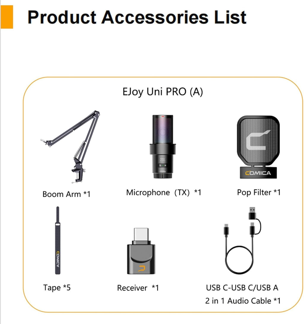COMICA Wireless USB Microphone for Computer and Smartphone,48kHz/24bit RGB Cardioid Condenser Gaming Mic for Podcasting,Streaming,Recording with Boom Arm Stand-Black (EJoy Uni Pro A)