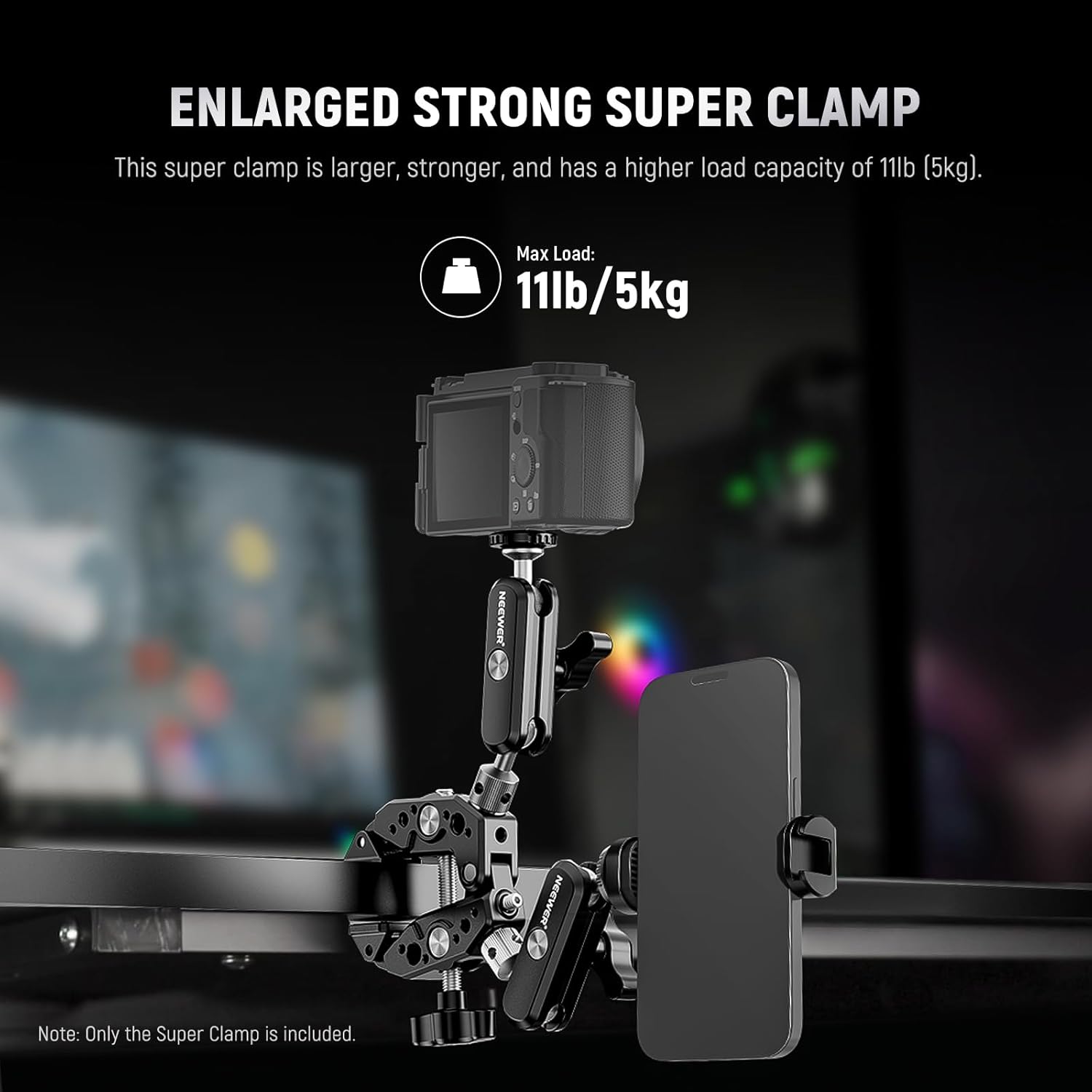 NEEWER Heavy Duty Super Clamp with Two 360° Dual Ball Head Magic Arms, 1/4" 3/8" Screw Threads, Phone & Action Camera Mount Adapter for Flat/Round Surface Compatible with GoPro DJI Insta360 DSLR