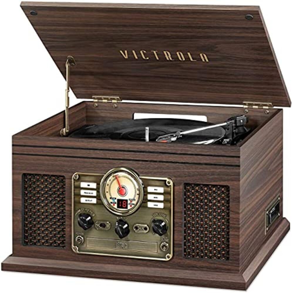 Victrola The Quincy 6-in-1 Bluetooth Record Player & Multimedia Center with Built-in Speakers – 3-Speed Turntable, CD & Cassette Player, AM/FM Radio, Wireless Music Streaming (Espresso)