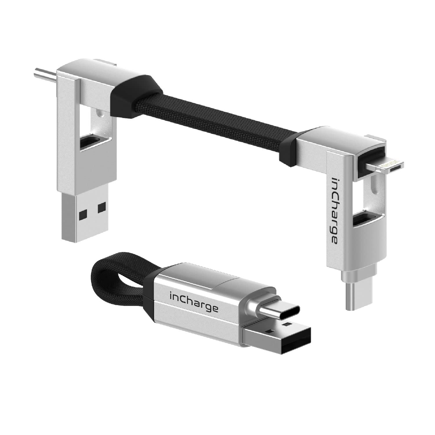 Rolling Square inCharge 6 - Keychain USB C Charger Cable, Lightning Cable and Micro-USB for Smartphone, Universal Cable Charger 6 in 1, USB Plug, 15W, White