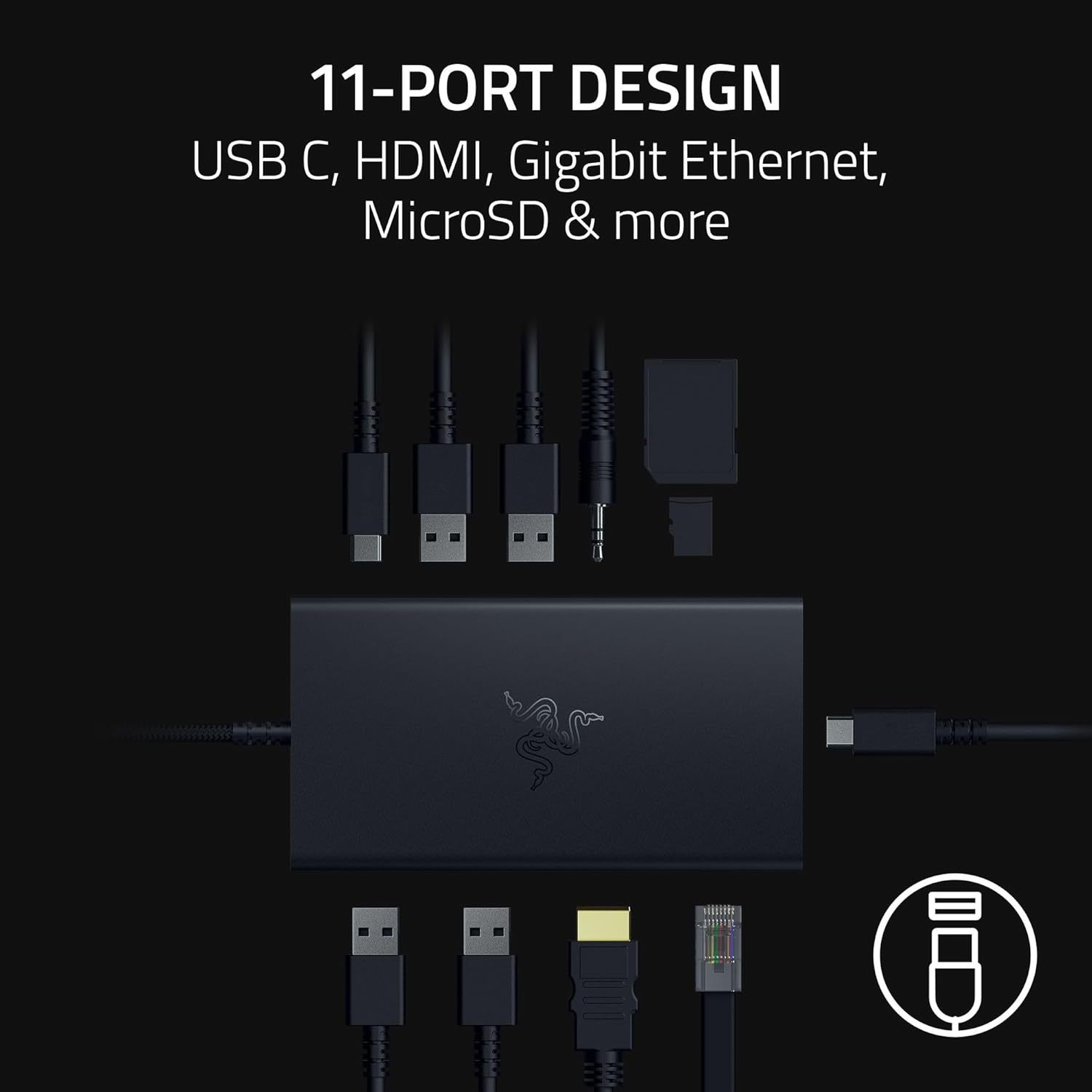Razer USB C Dock 11-Port Travel Charging Station for Windows Mac Laptop iPad Surface Chromebook Galaxy Tab: Type C, HDMI, Ethernet, MicroSD - 4K 60 Hz Display - 85 W Tablets + Mobile Fast Charge