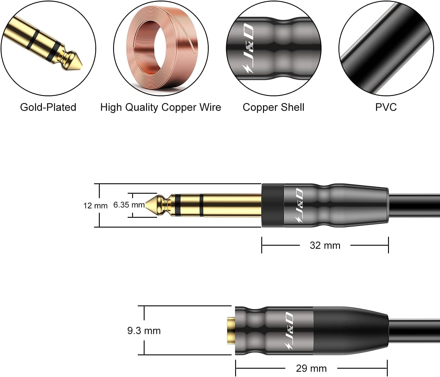 J&D 1/4 inch to 3.5mm Headphone Adapter, Heavy Duty Copper Shell Connecter Joint 3.5mm 1/8 inch Female TRS to 6.35mm Male TRS Stereo Audio Extension Cable (6 Feet 10 Pack)