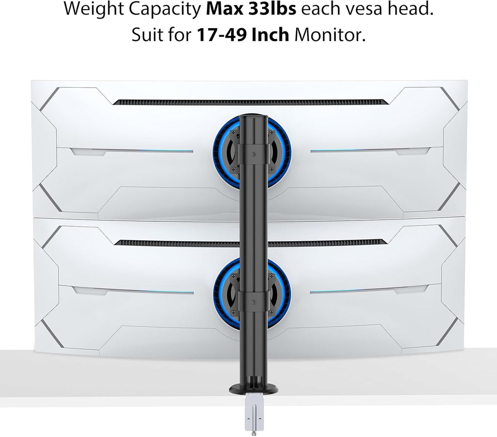 BEWISER Dual Monitor Stand Desk Mount- Vertical Heavy Duty Monitor Riser Fits Two 17 to 49 Inch Screen with Swivel, Tilt, Height Adjustable,weight capacity up to 33 lbs，BL200-B