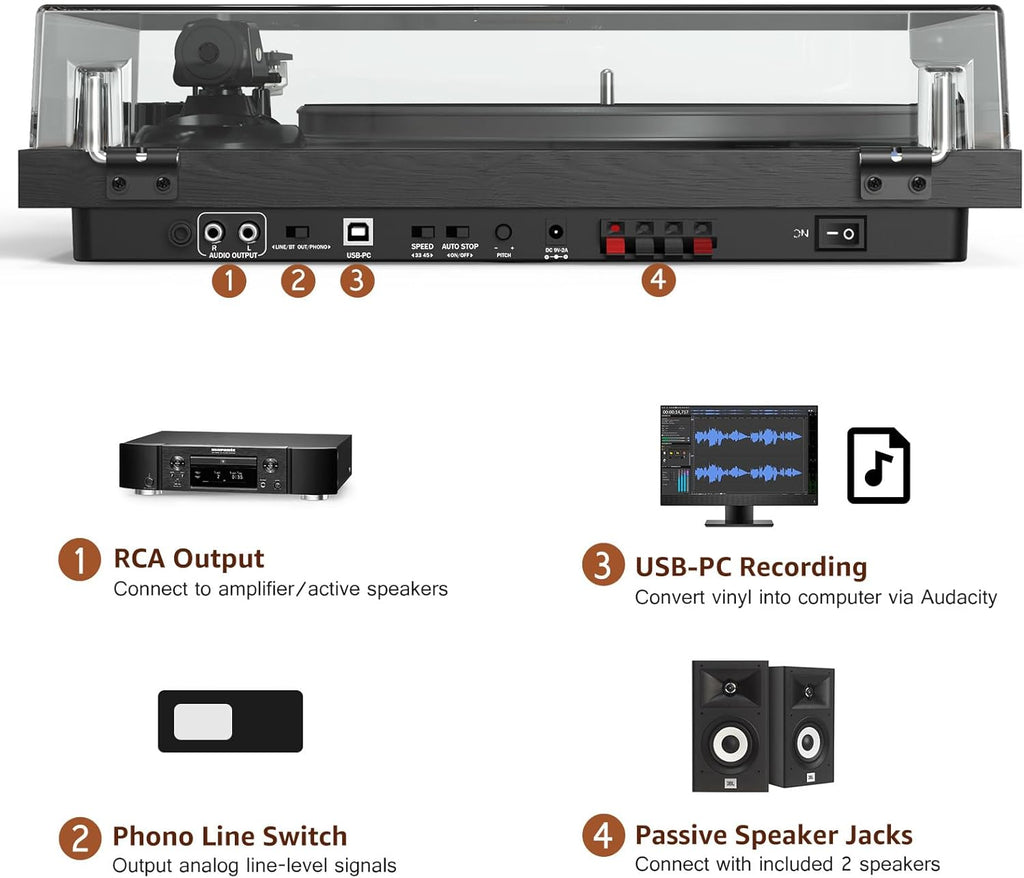 Udreamer Vinyl Record Player, Turntable with 40W Speakers, Bluetooth Input Output and USB Record, Vintage LP Player with AT-3600L Cartridge, Built-in Phono Preamp, Counterweight and Pitch, Black