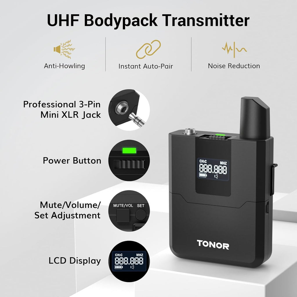 TONOR Wireless Microphones System with UHF Headset/Lavalier Lapel Mics, Bodypack Transmitter, Receiver, 4 * 10 Channels, 200ft Range for Church Conference Performance Singing Karaoke PA Speaker Mixer