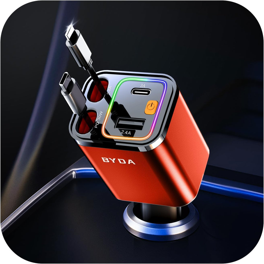 [2025 Mirco-Version] 4 in 1 Retractable Car Charger,69W Car Charger USB C,Cigarette Lighter Adapter,Fast Charging for iPhone 16e/16/15/14,13,Android (Orange, for Lightning+USB-C)