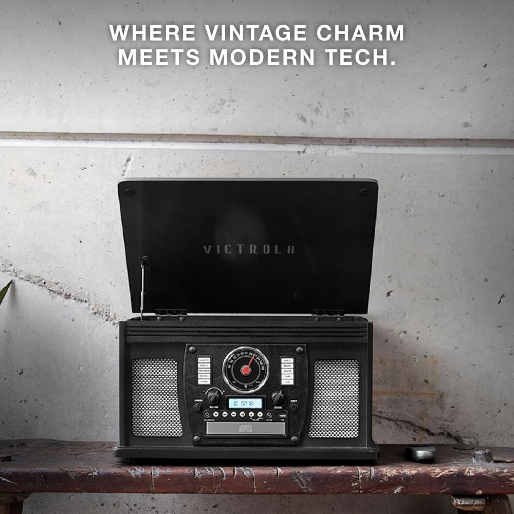 Victrola Navigator 8-in-1 Bluetooth Record Player with Built-in Speakers– 3 Speed Turntable, CD Player, Cassette, FM Radio, USB, RCA Out, Headphone Jack, Wireless Music Streaming, Real Wood (Espresso)