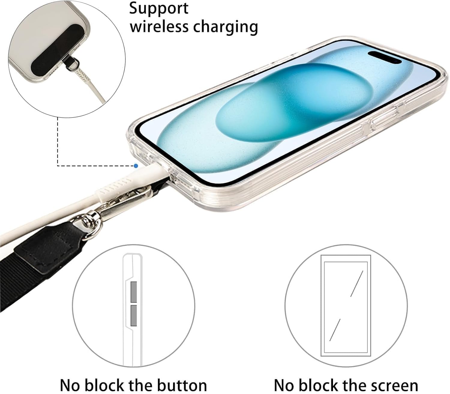 Adjustable Crossbody Cellphone Lanyard for iPhone, Includes 2 Lanyard,2 Pcs TPU phone tether tab, Black＋Clear
