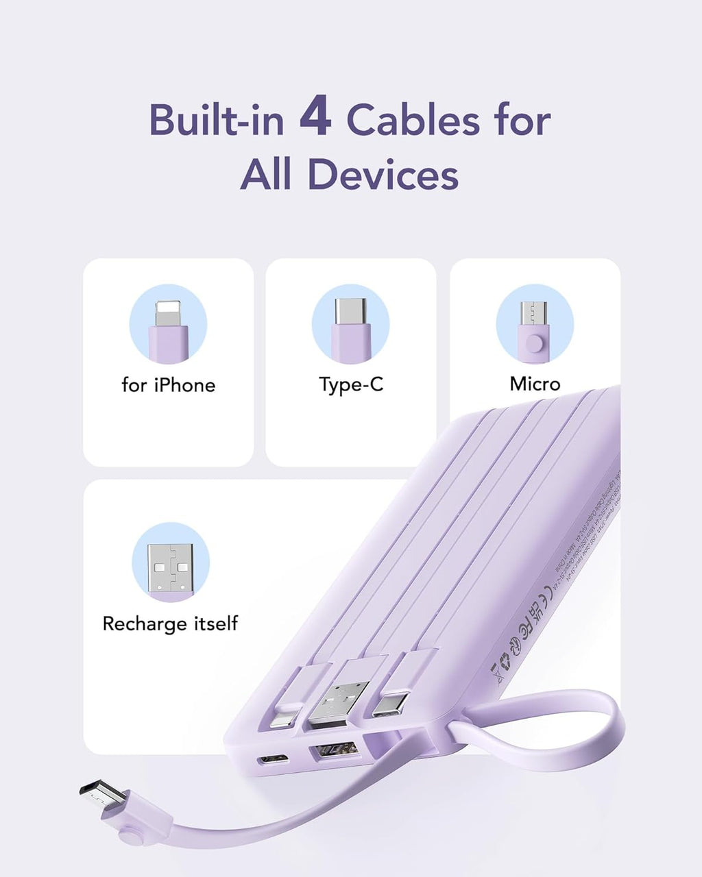 VRURC Portable Charger Power Bank, 10000mAh Travel Essentials Battery Pack, 5 Outputs 2 Inputs Slim Charging Bank Built-in Cables Cords Wires Compatible with iPhone,Samsung,Android-Lavender(1 Pack)