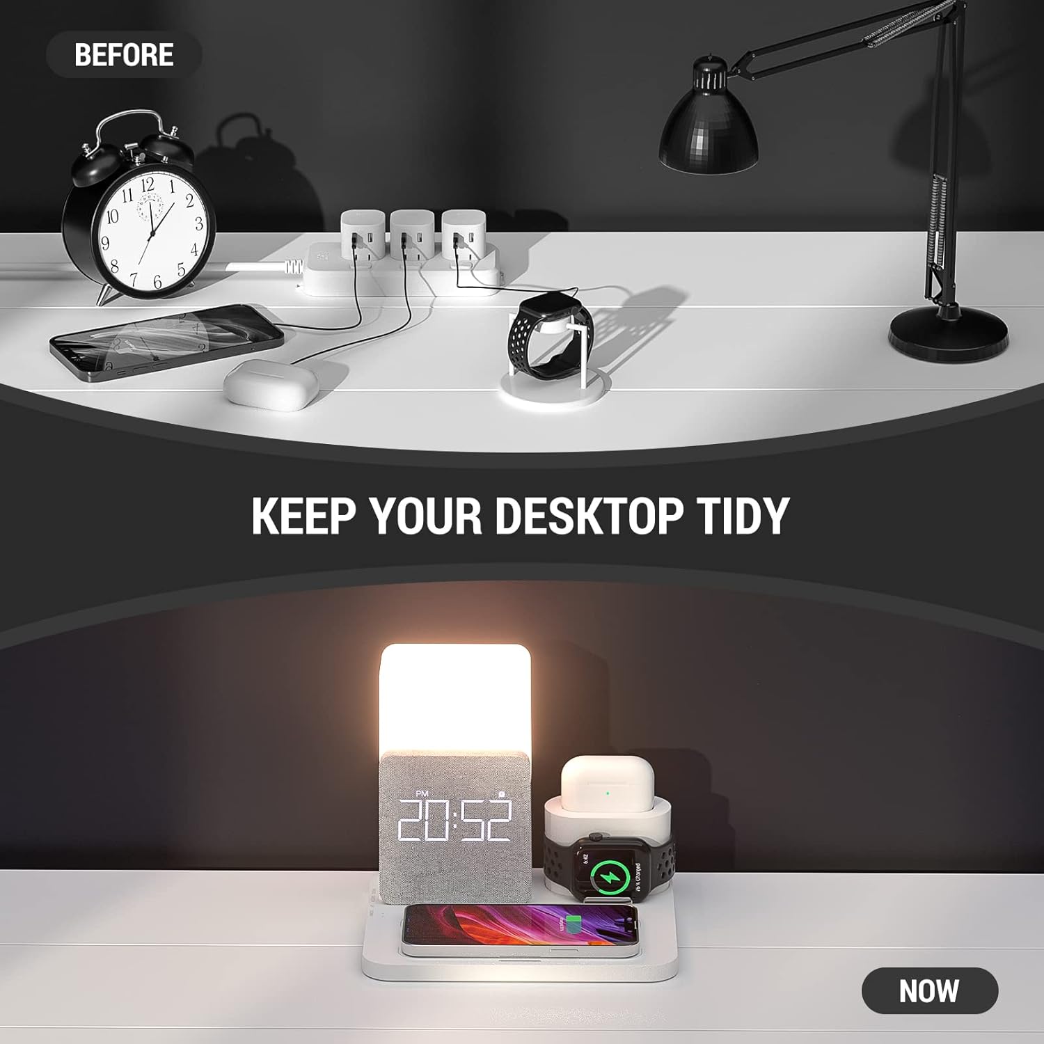 Wireless Charging Station, 7 in 1 Charging Station, Alarm Clock with Wireless Charger, Night Light, iPhone 12/13/14/15/16 Pro/Pro Max13 Mini/13 Pro Max/12 pro, AirPods