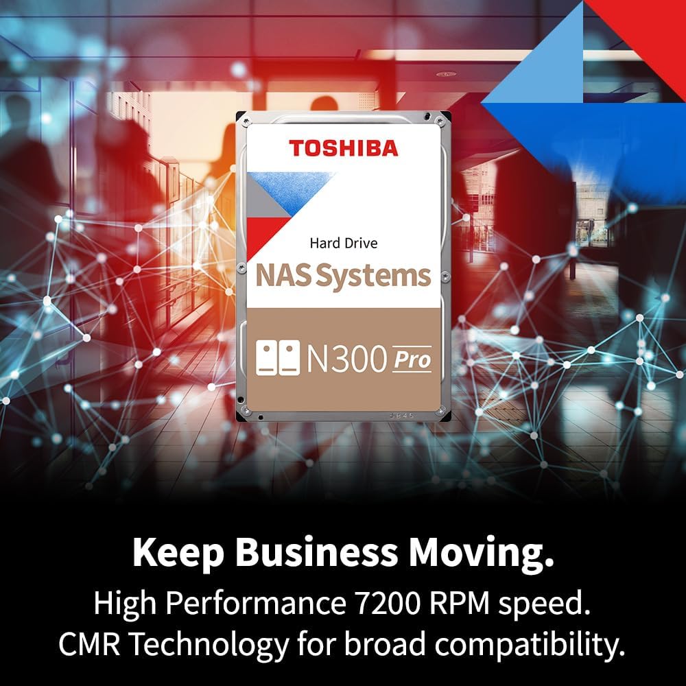 Toshiba N300 PRO 16TB Large-Sized Business NAS (up to 24 bays) 3.5-Inch Internal Hard Drive - Up to 300 TB/year Workload Rate CMR SATA 6 GB/s 7200 RPM 512 MB Cache - HDWG51GXZSTB