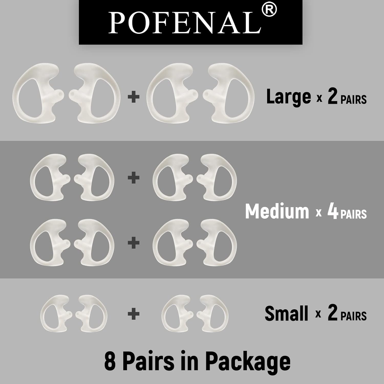 Universal Replacement Insert Silicone Soft Earmold for Baofeng Motorola Kenwood Retevis Midland Two Way Radios Headset (White, 8 Pair, Large_2 Pair; Medium_4 Pair; Small_ 2 Pair)