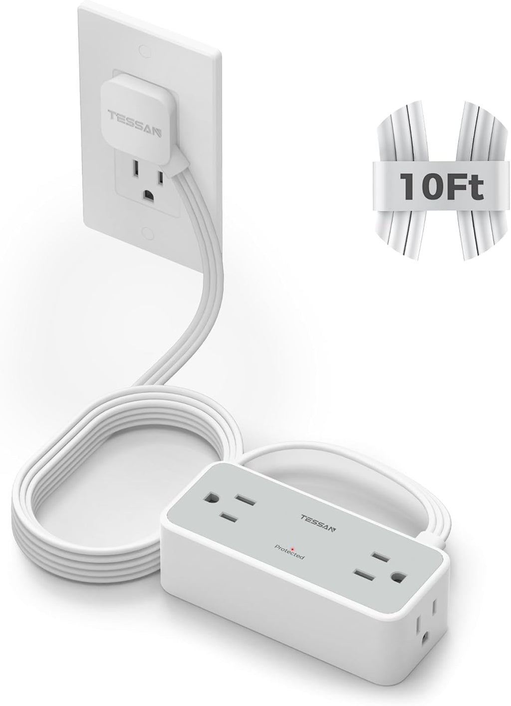 Surge Protector Power Strip, TESSAN Flat Plug Extension Cord 10 FT with 4 Wide Spaced AC Outlets, 900J Protection, Wall Mountable Charging Station for Home Office School Dorm Room Essentials