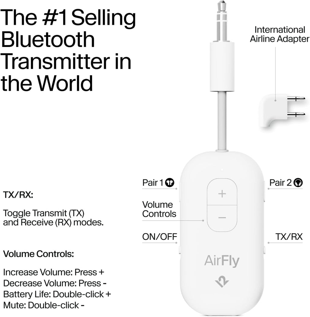 AirFly Pro 2 Deluxe – Bluetooth Adapter for Airplane, Pair 2 AirPods or Wireless Headphones – 3.5mm AUX Bluetooth Transmitter/Receiver for Cars, Boats, Treadmills, TVs – Airplane Travel Essentials