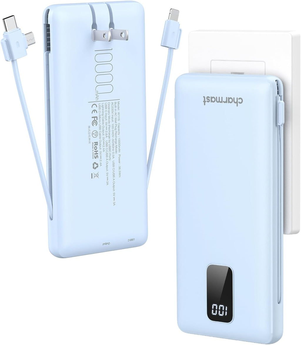 charmast Portable Charger with Built-in Cables & Wall Plug, 10000mAh Portable Power Bank, External Battery Pack Travel Essentials Compatible with iPhone 16/15/14/13, Samsung, iPad etc