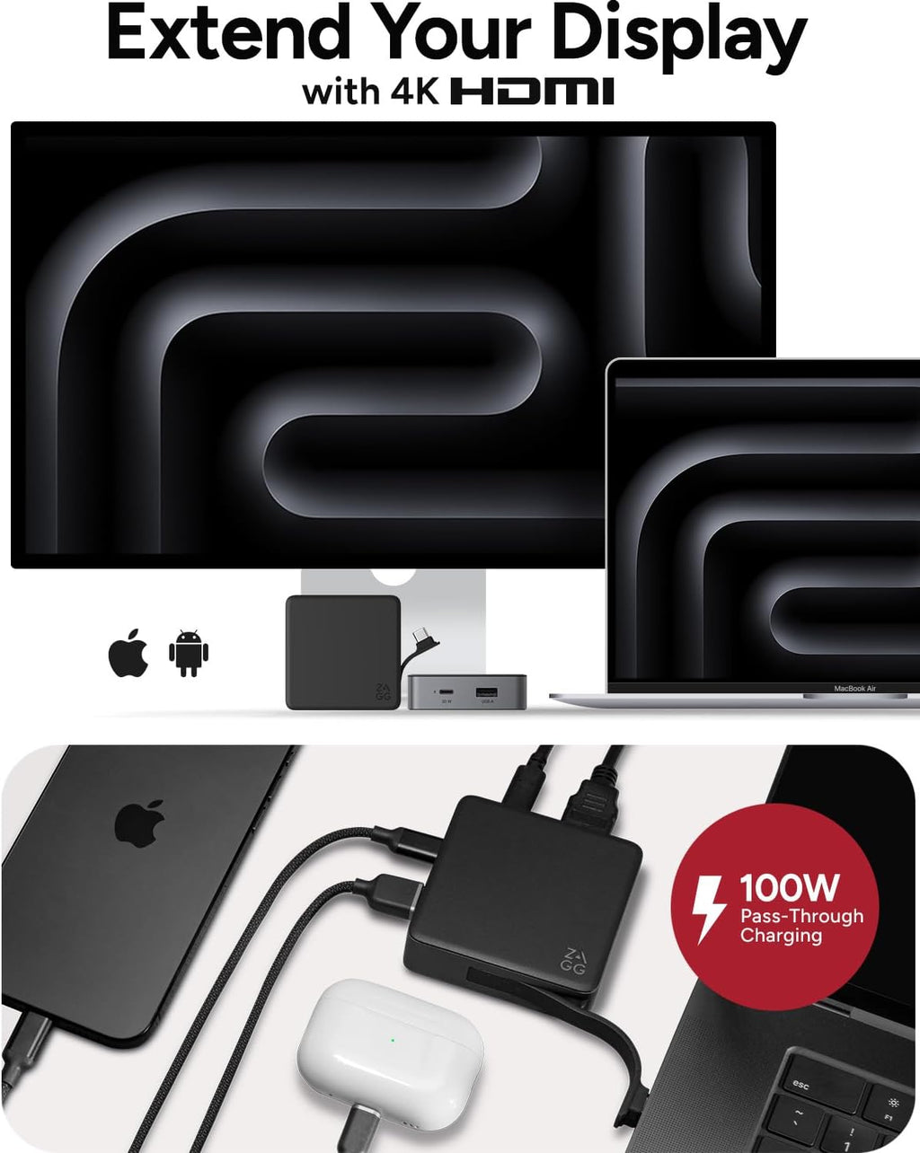 ZAGG 4-Port Hub - Versatile USB-C PD, USB-A HDMI Adapter, High-Speed Charging & 4K Display Support, Compact for Travel, Compatible with Windows, macOS, iPadOS, ChromeOS, Android