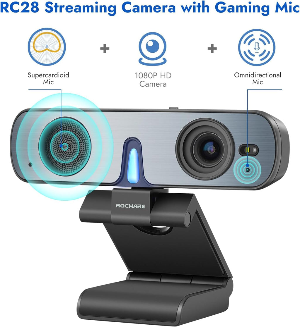 ROCWARE RC28 Webcam with Cardioid & Omnidirectional Microphone | HiFi Mode for Studio-Quality Audio, AI Noise Cancellation & Raw Audio Modes | 1080P 60FPS Web Cam for Streaming/Meetings/Beginners