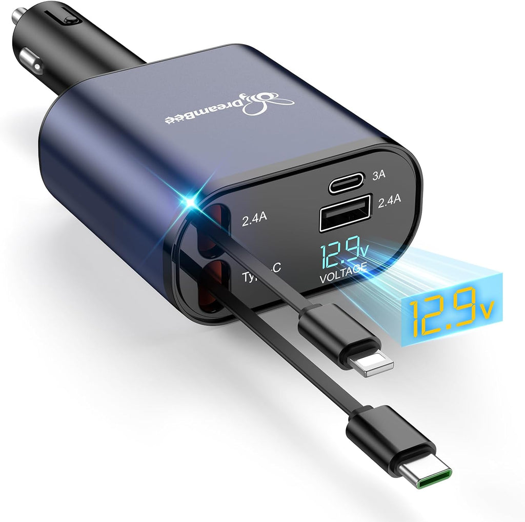 DreamBee Retractable Car Charger,66W 4 in 1 Super Fast Charge Car Phone Charger,Gifts for Men Women Car Truck Accessories for iPhone 15/14/13/12 Pro Max XR,iPad,Samsung,Pixel-Blue
