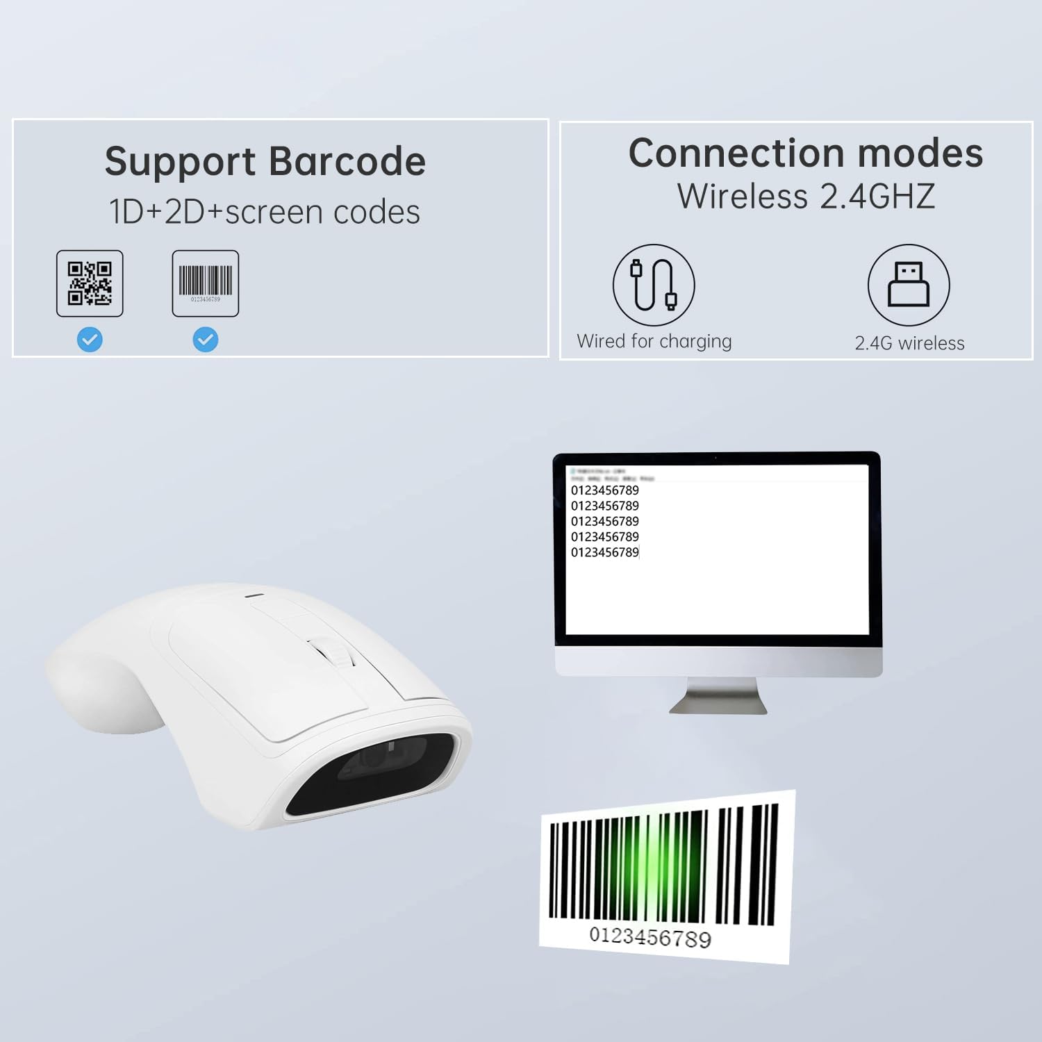 New Wireless Mouse Barcode Scanner, 2-in-1 Design 2D Handheld Barcode Scanner with Wireless Mouse Functions for POS System,Store,Supermarket, Warehouse.(Black)