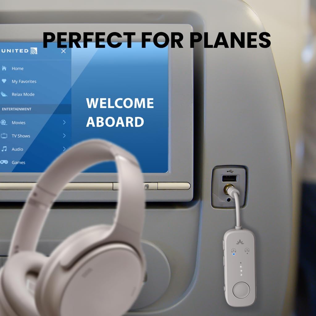 Avantree Relay - Premium Airplane Bluetooth Adapter with Advanced Qualcomm Chipset, 2 Headphones Support, 25hrs Play Time, aptX Adaptive & HD Audio Transmitter for Airpods, Bose & Travel Flight
