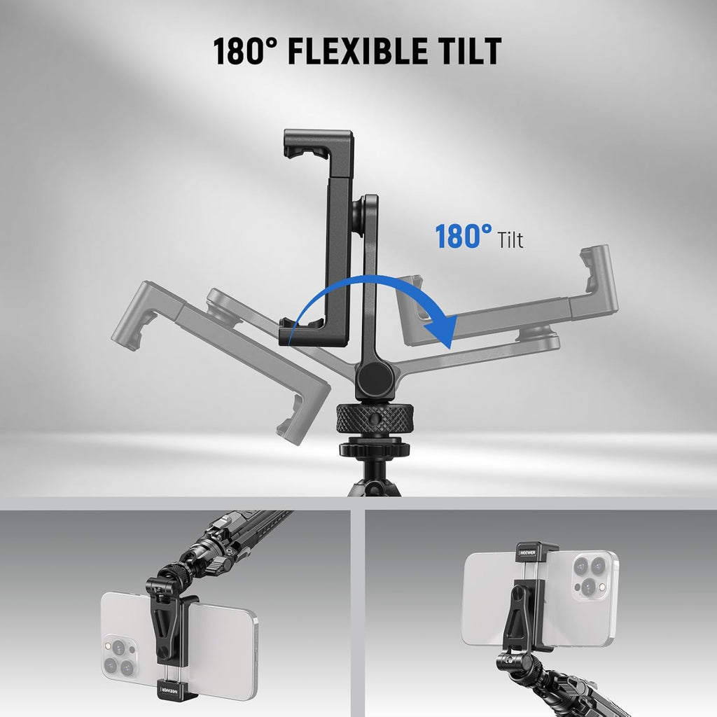 NEEWER Adjustable Phone Tripod Mount with Cold Shoe 1/4" Thread 180° Tilt 360° Rotation Cleaning Cloth Phone Clamp Holder Compatible with iPhone Samsung Android Camera Cage for Video Recording, GA010