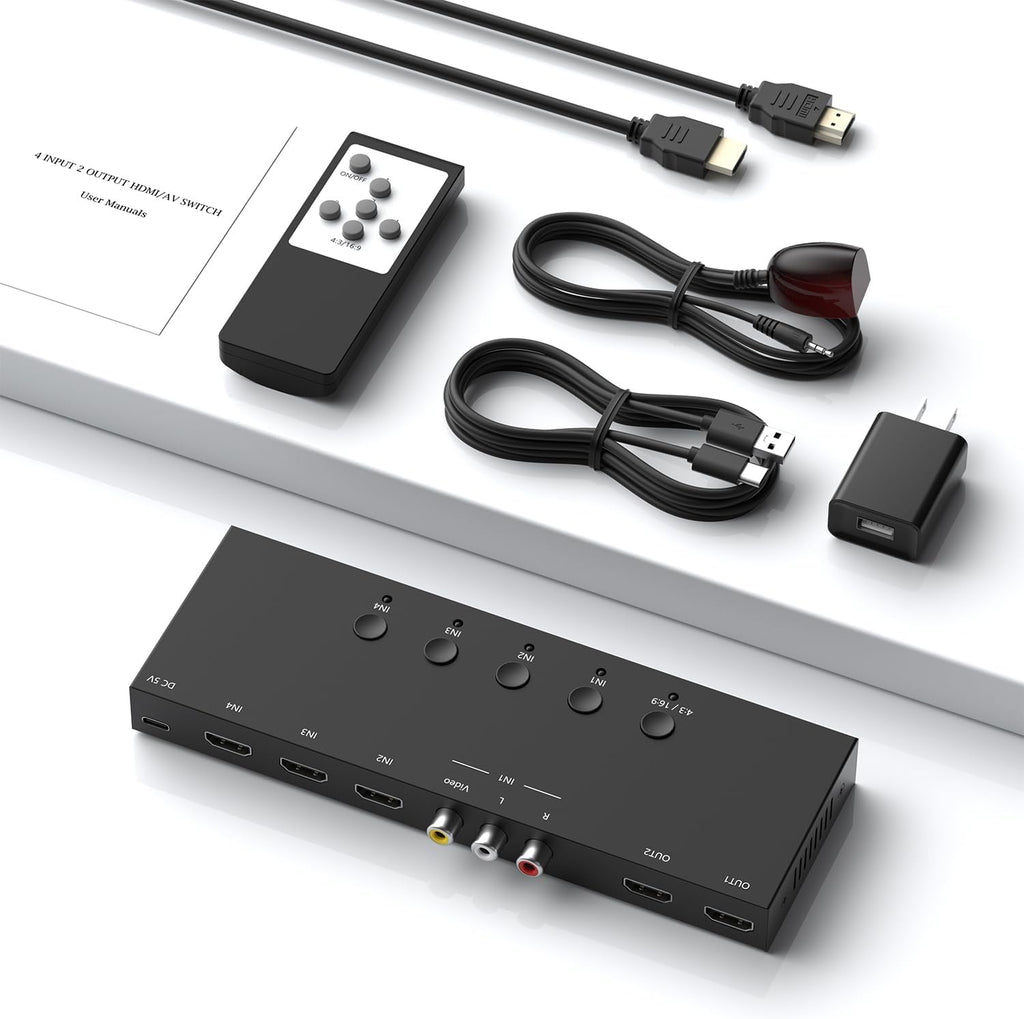 Y.D.F (3 HDMI 2.0 + 1 RCA) to 2 HDMI Converter (4 In 2 Out, 2 Outputs Can Simultaneous Display) Switcher Splitter Support 4:3/16:9 Switching for N64 NGC Wii Xbox PS2/3/4/5 Switch Apple TV Fire TV Roku