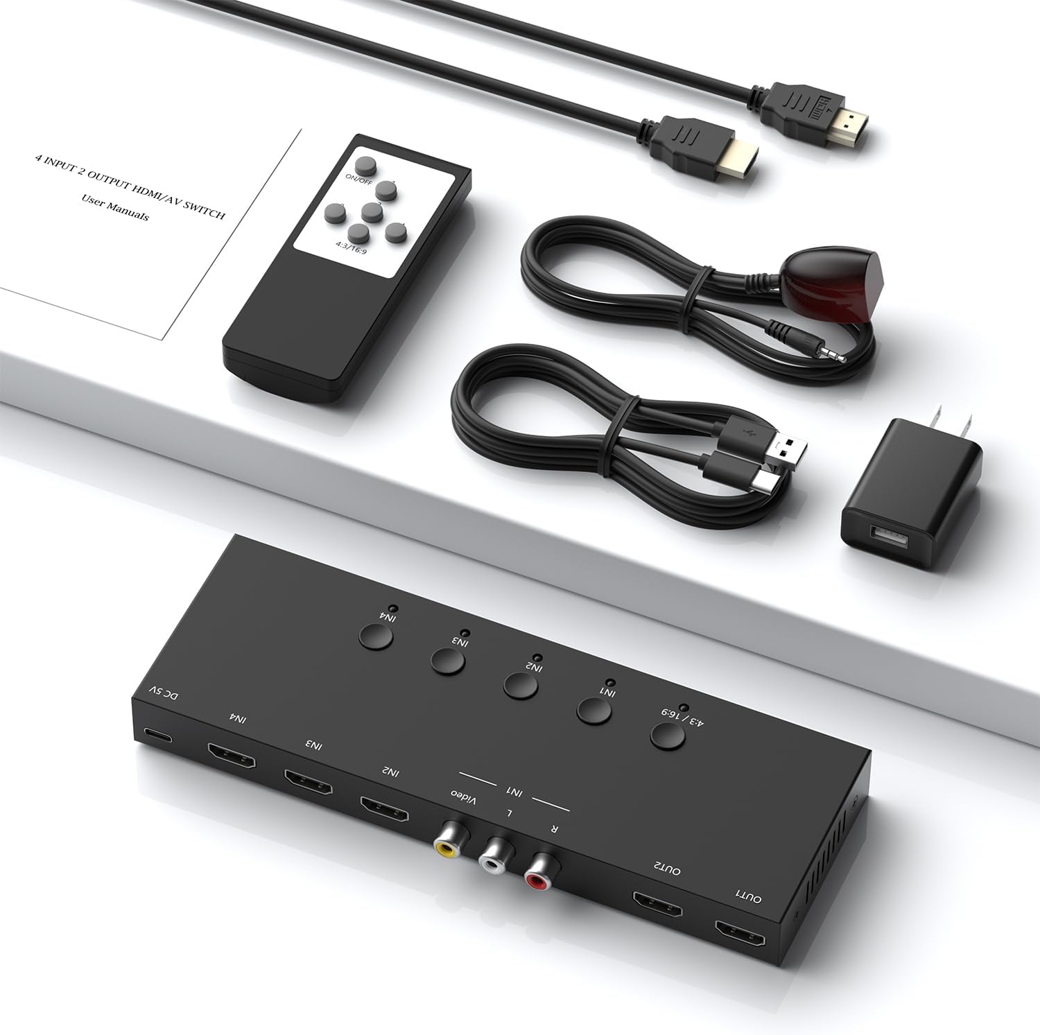 Y.D.F (3 HDMI 2.0 + 1 RCA) to 2 HDMI Converter (4 In 2 Out, 2 Outputs Can Simultaneous Display) Switcher Splitter Support 4:3/16:9 Switching for N64 NGC Wii Xbox PS2/3/4/5 Switch Apple TV Fire TV Roku