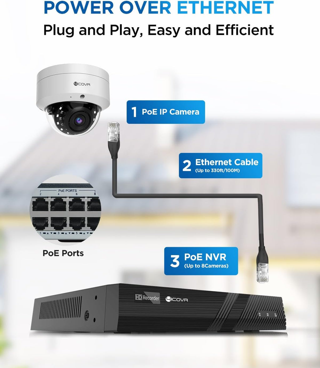 4COVR NVR Security Camera System, 4Pcs 5MP IK10 Vandal-Proof Dome PoE IP Camera with Mic, AI Human Vehicle Detection, 8CH 8MP H.265 NVR with 2TB HDD, IP67 Home Weatherproof Outdoor, LY54AX5M0804